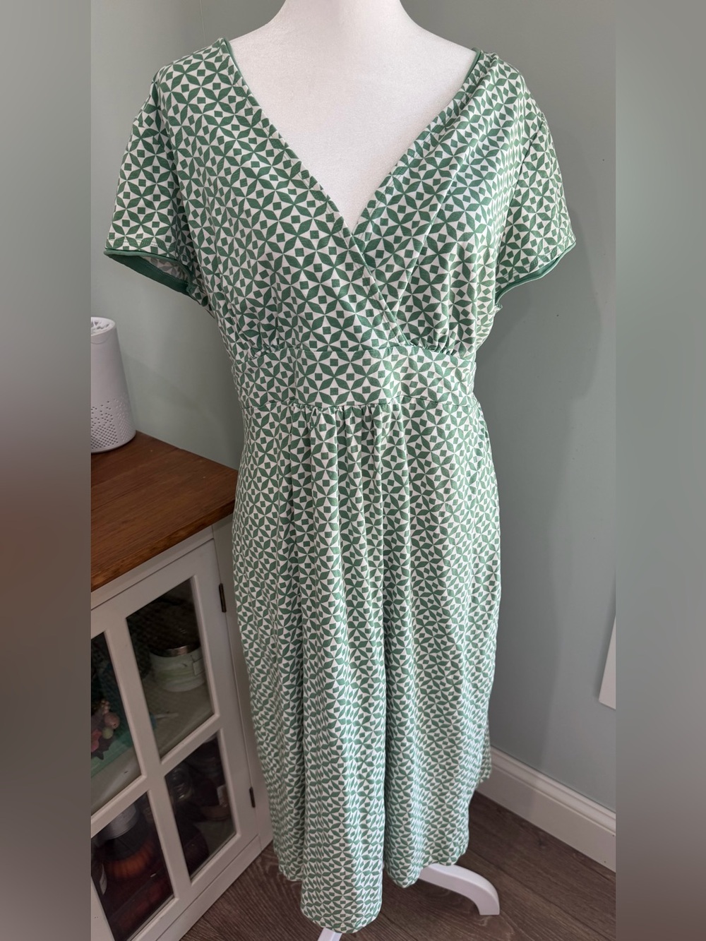 Boden Green Geometric Print Empire Cap Sleeve Cotton Knit Dress V-neck US 14L